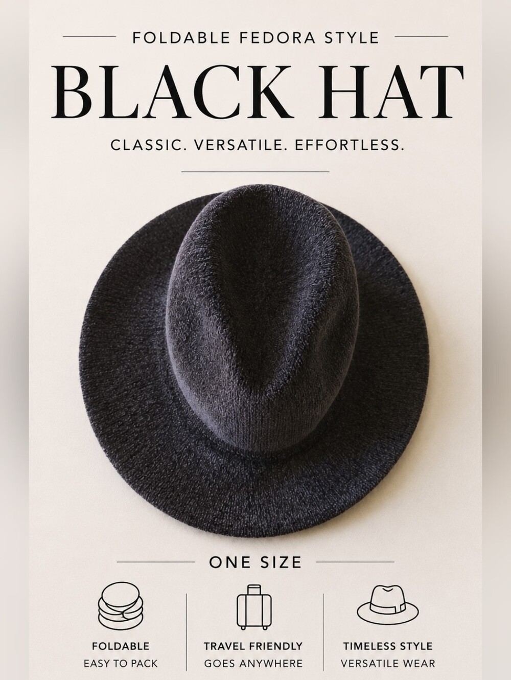 EUC FOLDABLE Timeless Fedora Style Black Hat, One Size
